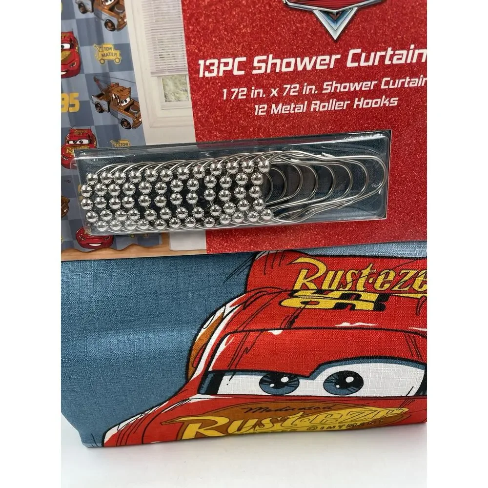 Disney Pixar Cars 13pc Shower Curtain Set 72x72 Polyester w/ Metal Roller Hooks